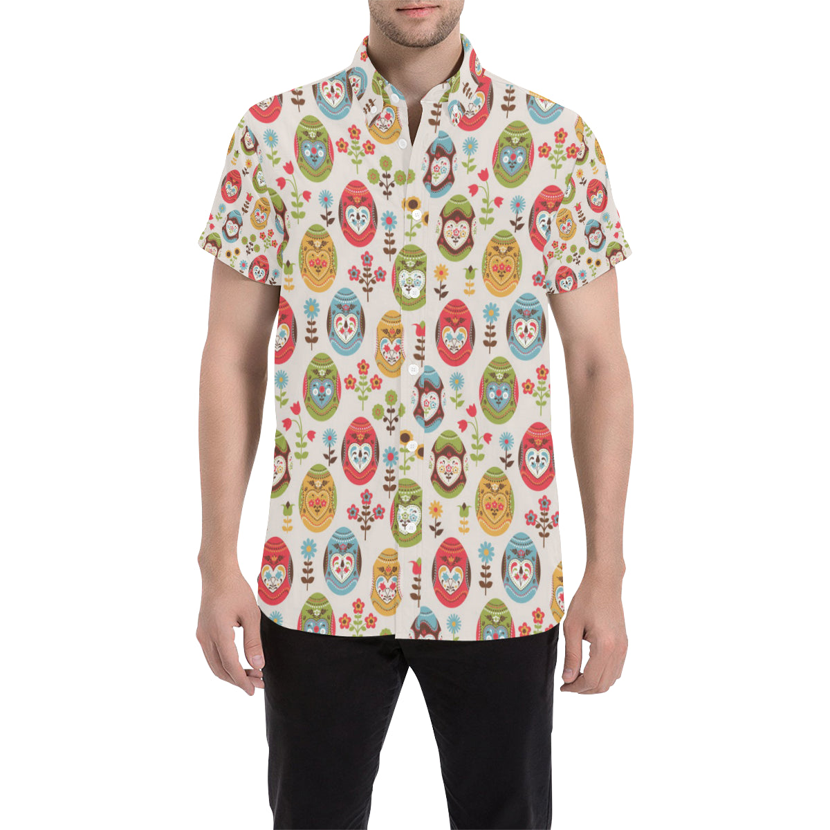 Easter Eggs Pattern Print Design RB011 Men's Short Sleeve Button Up Shirt