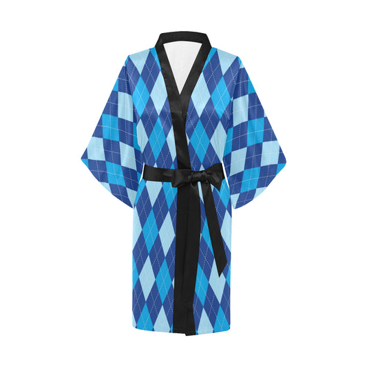 Argyle Blue Pattern Print Design 02 Women's Short Kimono