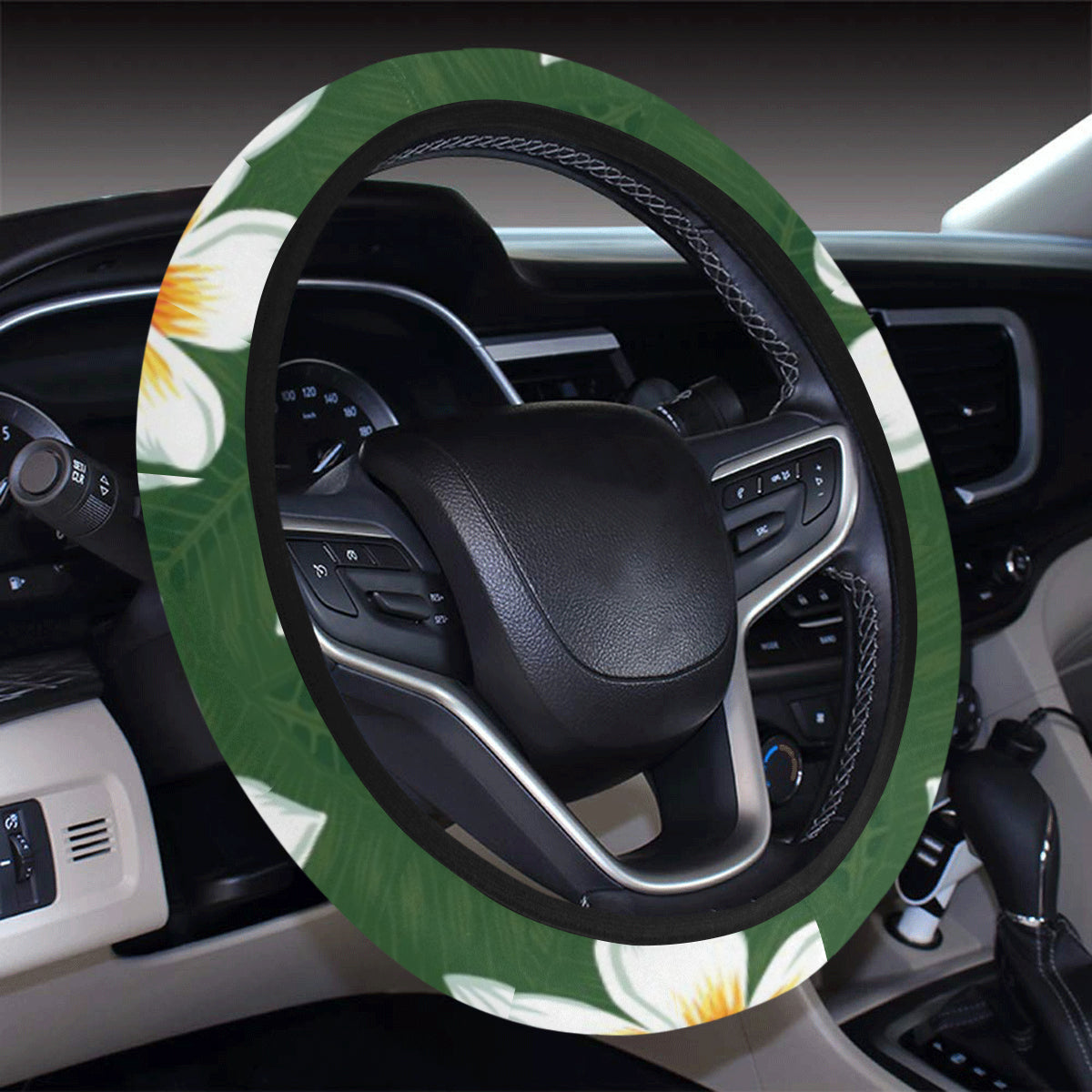 White Plumeria Pattern Print Design PM020 Steering Wheel Cover with Elastic Edge