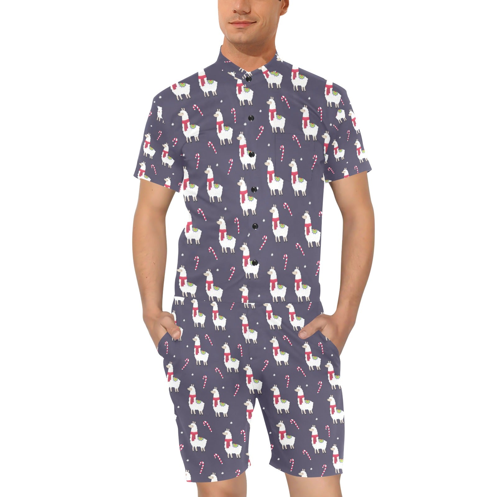 Llama with Candy Cane Themed Print Men's Romper