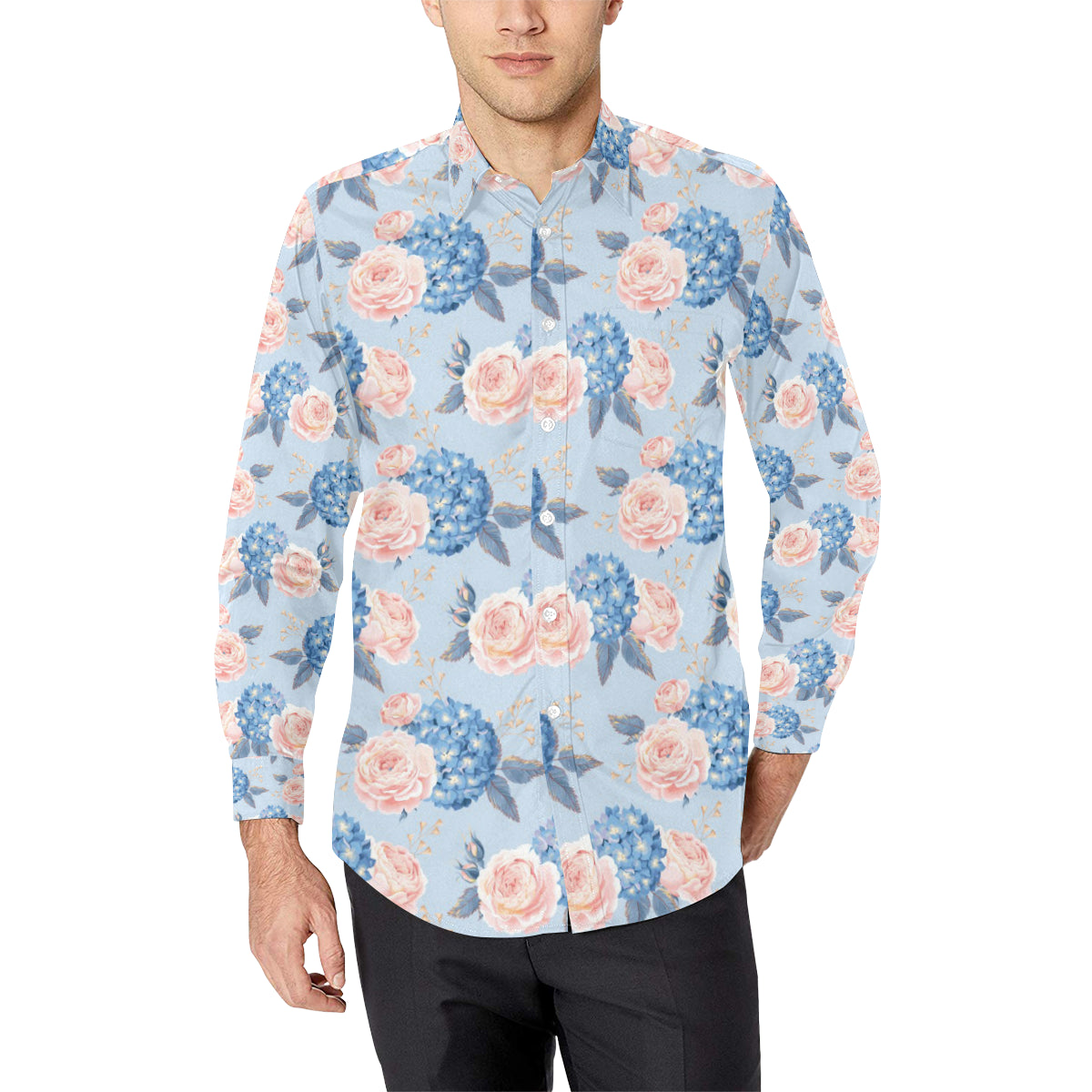 Hydrangea Pattern Print Design HD06 Men's Long Sleeve Shirt