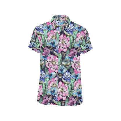Water Lily Pattern Print Design WL07 Men's Short Sleeve Button Up Shirt
