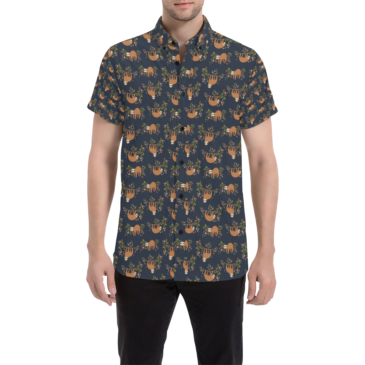 Sloth flower Design Themed Print Men's Short Sleeve Button Up Shirt