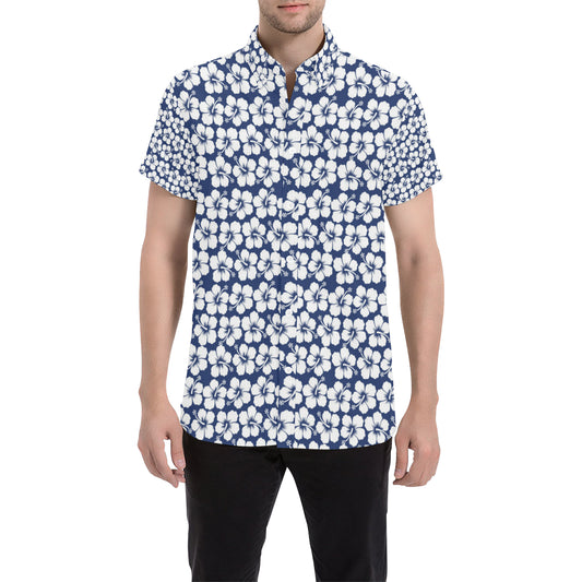 Hibiscus Blue Hawaiian Flower Pattern Men's Short Sleeve Button Up Shirt