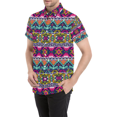 Indian Navajo Color Themed Design Print Men's Short Sleeve Button Up Shirt