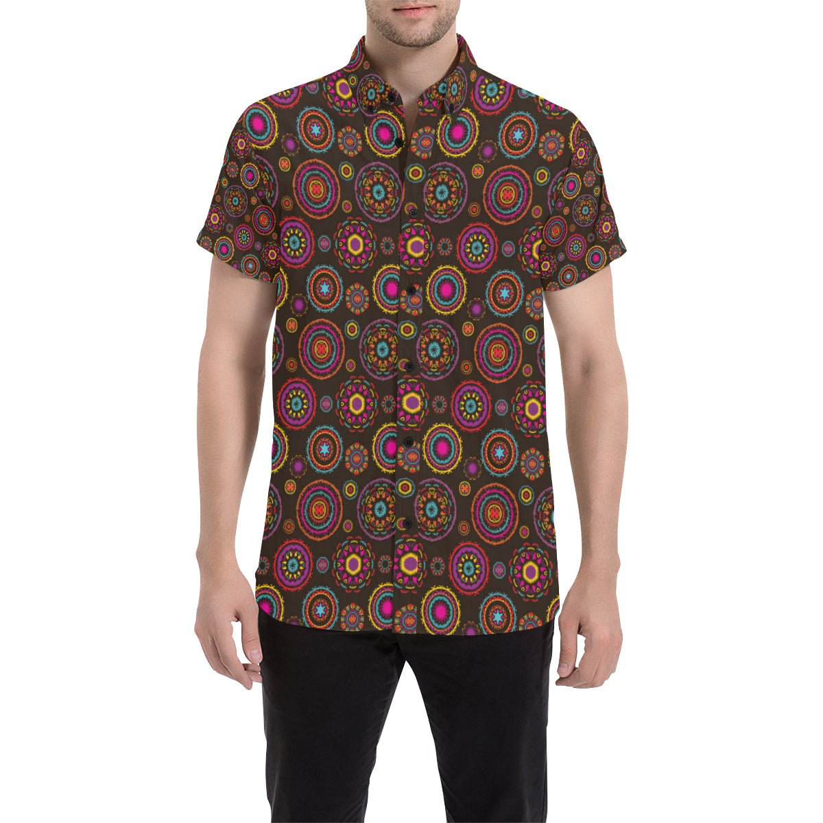 Bohemian Pattern Print Design 01 Men's Short Sleeve Button Up Shirt