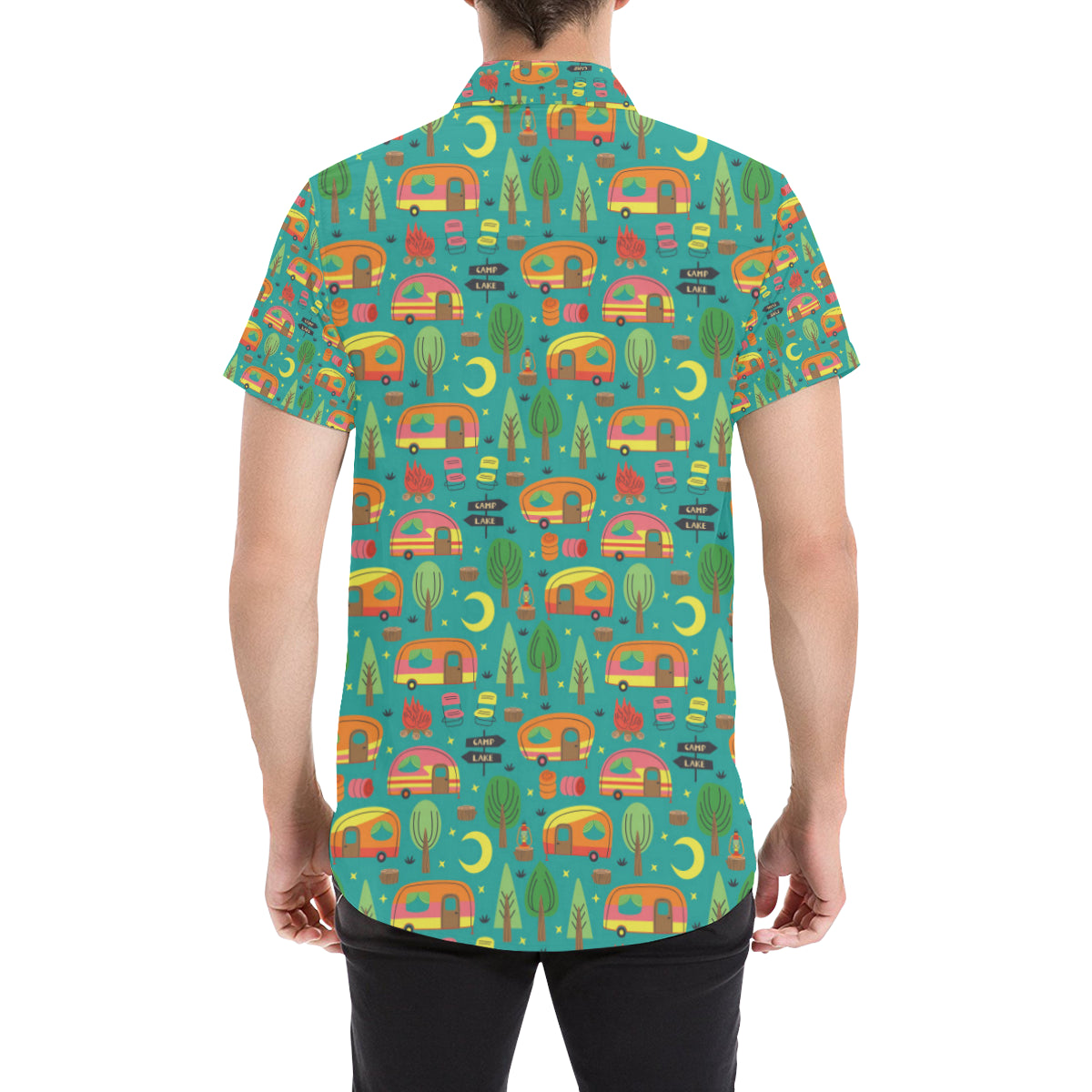 Camping Camper Pattern Print Design 05 Men's Short Sleeve Button Up Shirt