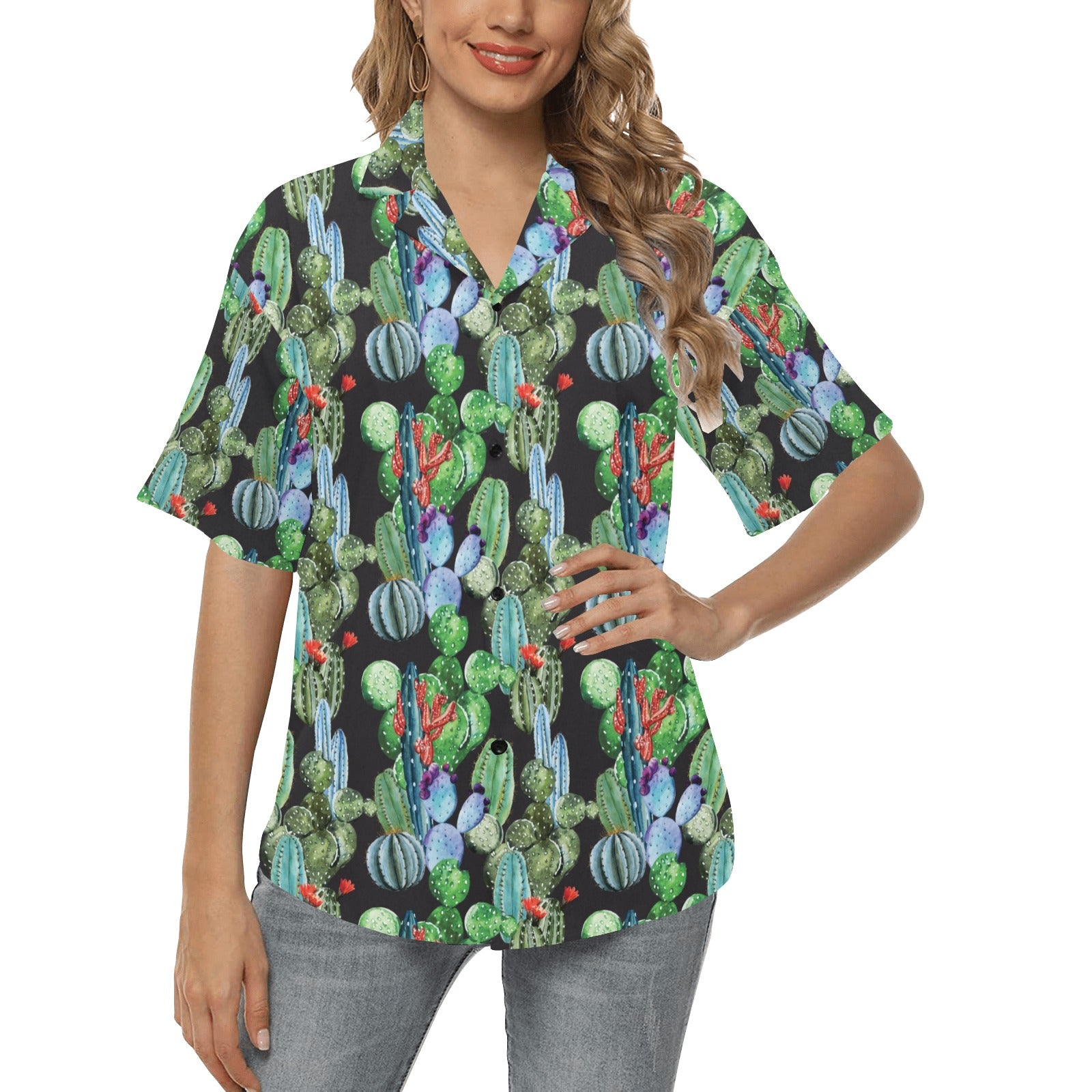 Cactus Watercolor Style Print Women's Hawaiian Shirt
