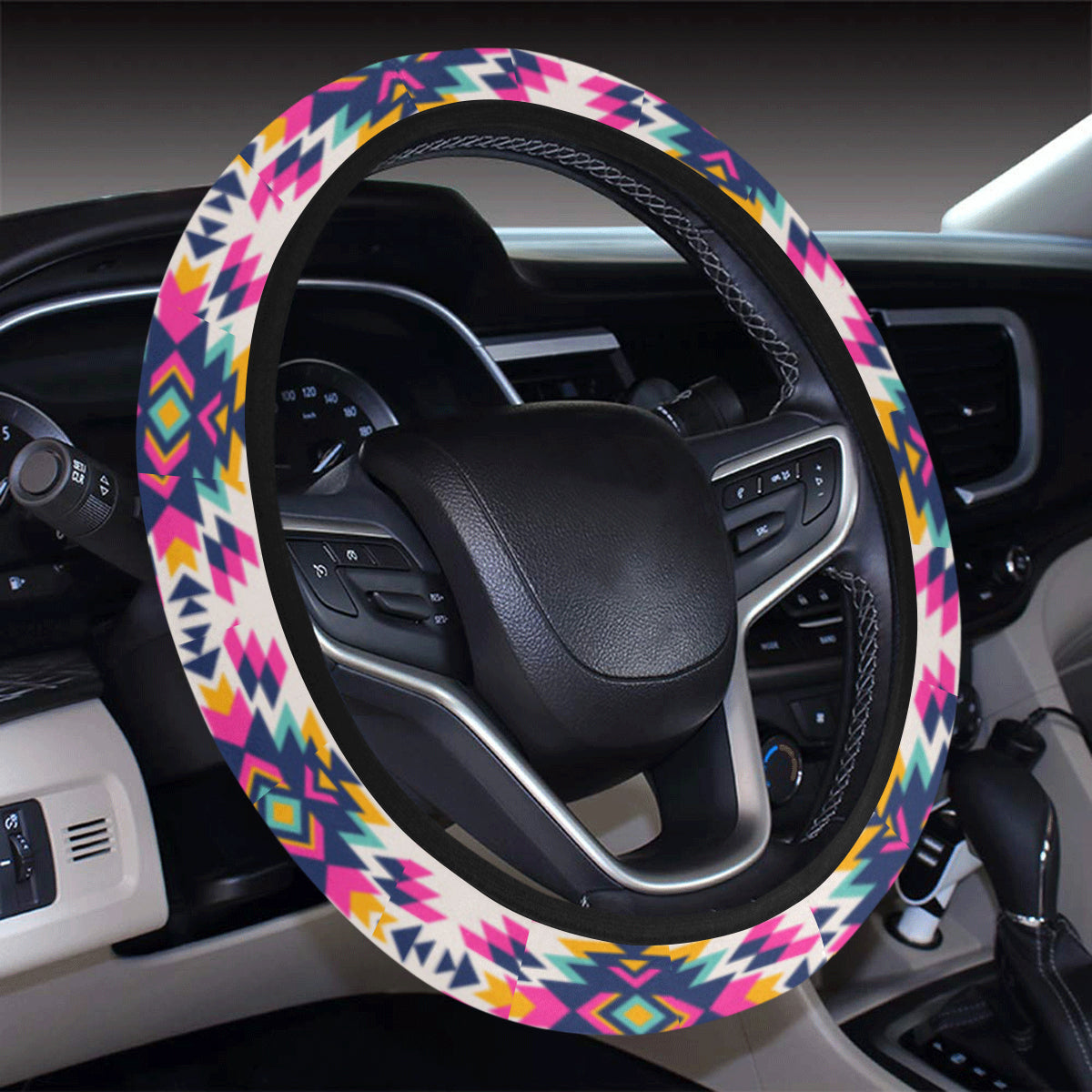 Indian Navajo Neon Themed Design Print Steering Wheel Cover with Elastic Edge