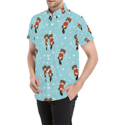 Sea Otter Cute Pattern Print Design 04 Men's Short Sleeve Button Up Shirt