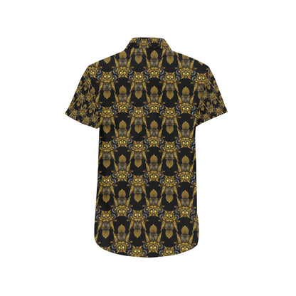 Steampunk Gold Owl Design Themed Print Men's Short Sleeve Button Up Shirt