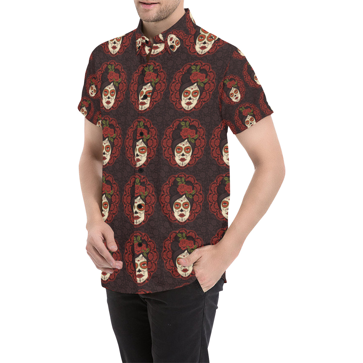 Day of the Dead Mexican Girl Men's Short Sleeve Button Up Shirt