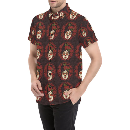 Day of the Dead Mexican Girl Men's Short Sleeve Button Up Shirt