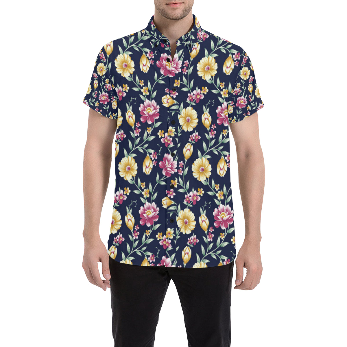 Gerberas Pattern Print Design GB03 Men's Short Sleeve Button Up Shirt