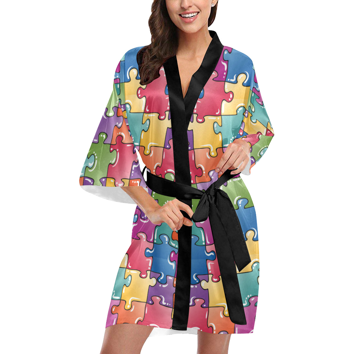 Puzzle Pattern Print Design A05 Women's Short Kimono