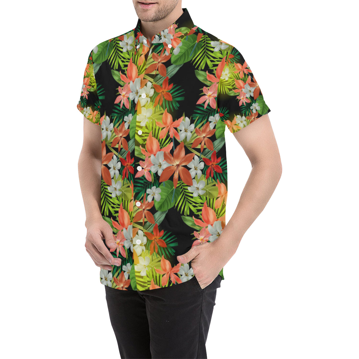Amaryllis Pattern Print Design AL07 Men's Short Sleeve Button Up Shirt