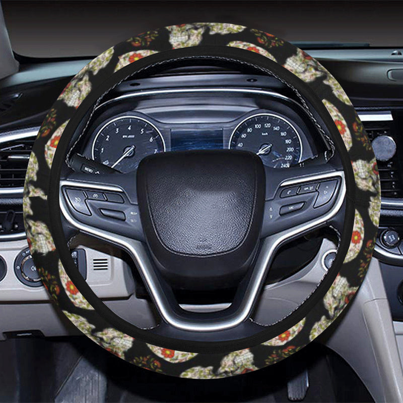 Sugar Skull Flower Design Themed Print Steering Wheel Cover with Elastic Edge