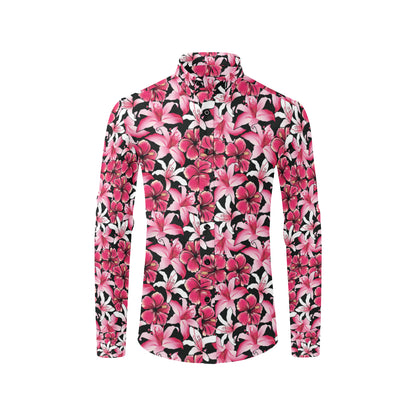 Flower Hawaiian Pink Red  Hibiscus Print Men's Long Sleeve Shirt