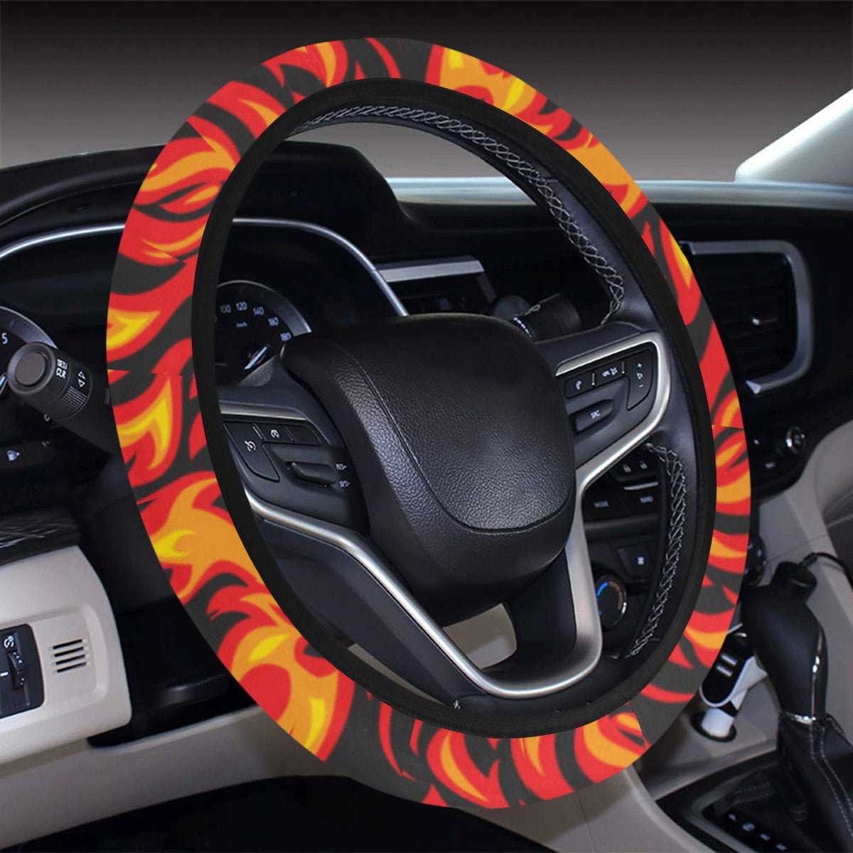 Flame Fire Print Pattern Steering Wheel Cover with Elastic Edge