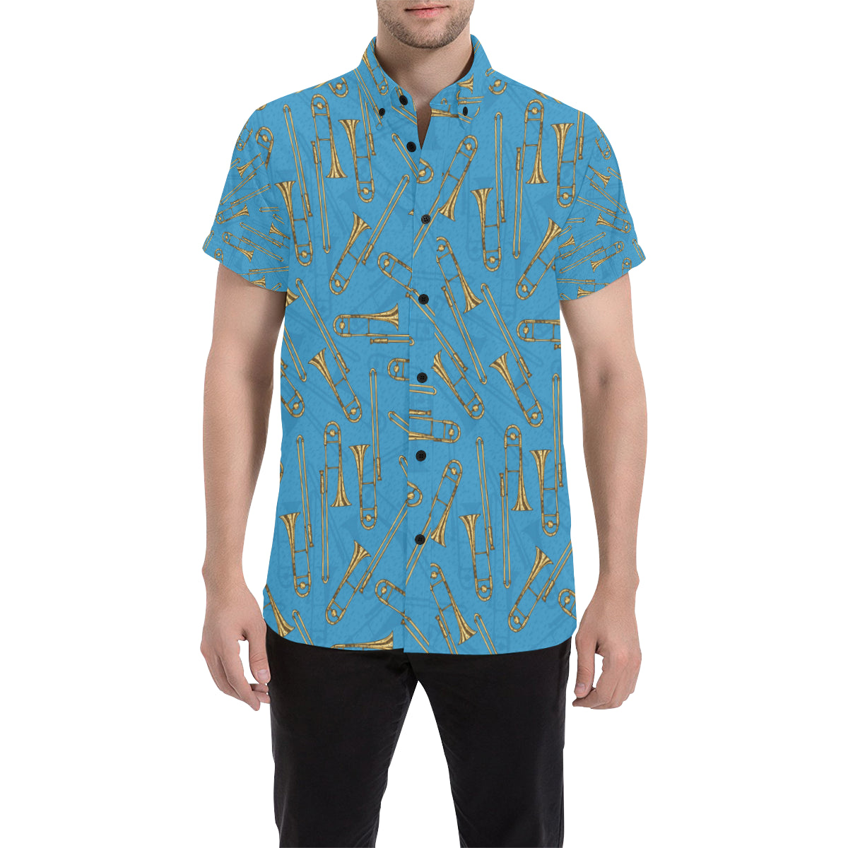 Trombone Pattern Print Design 01 Men's Short Sleeve Button Up Shirt