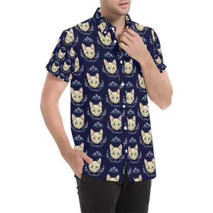 Cat Head with flower Print Pattern Men's Short Sleeve Button Up Shirt