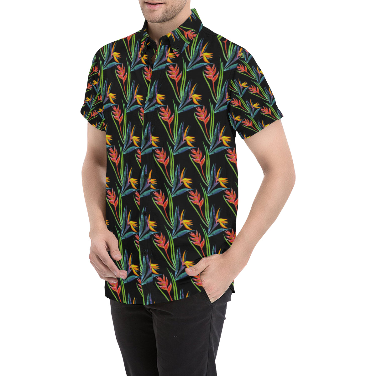 Heliconia Pattern Print Design HL04 Men's Short Sleeve Button Up Shirt