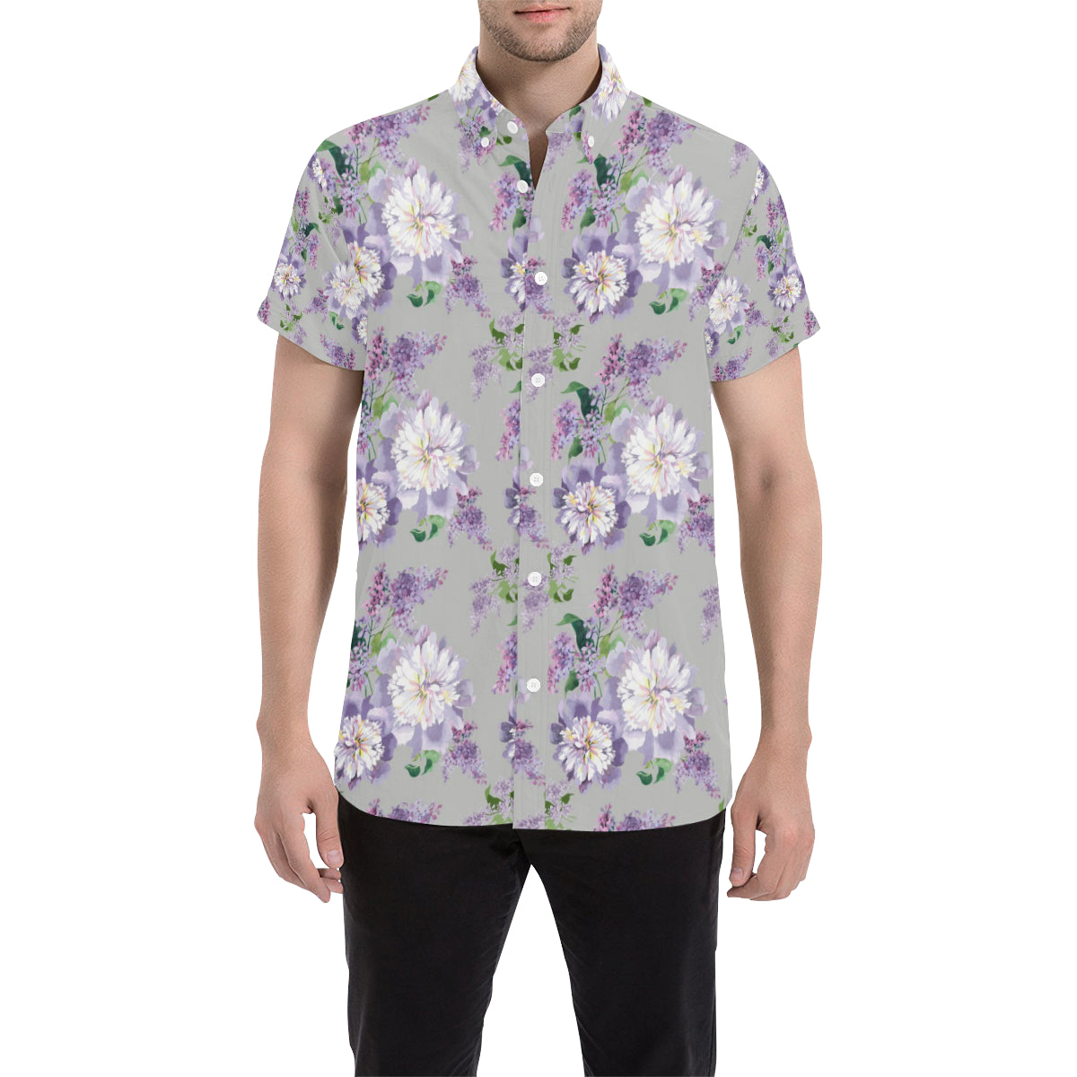 Lilac Pattern Print Design LI07 Men's Short Sleeve Button Up Shirt