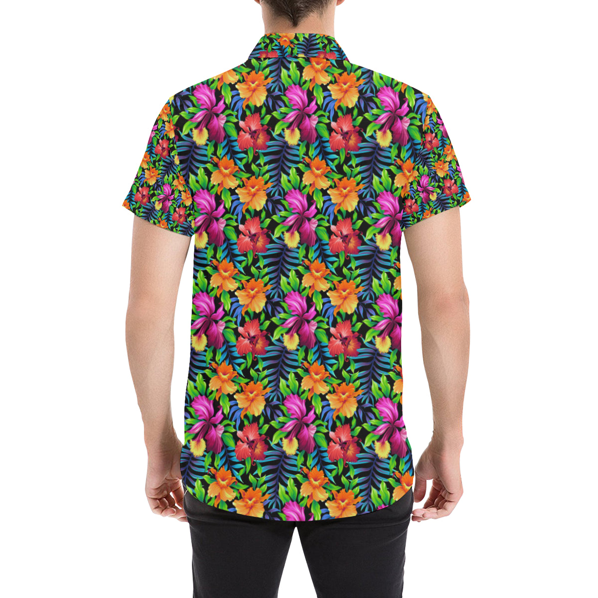 Tropical Folower Colorful Print Men's Short Sleeve Button Up Shirt