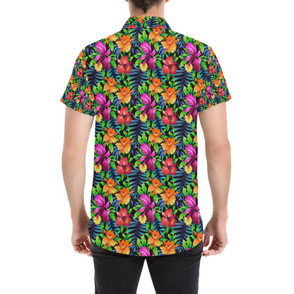 Tropical Folower Colorful Print Men's Short Sleeve Button Up Shirt