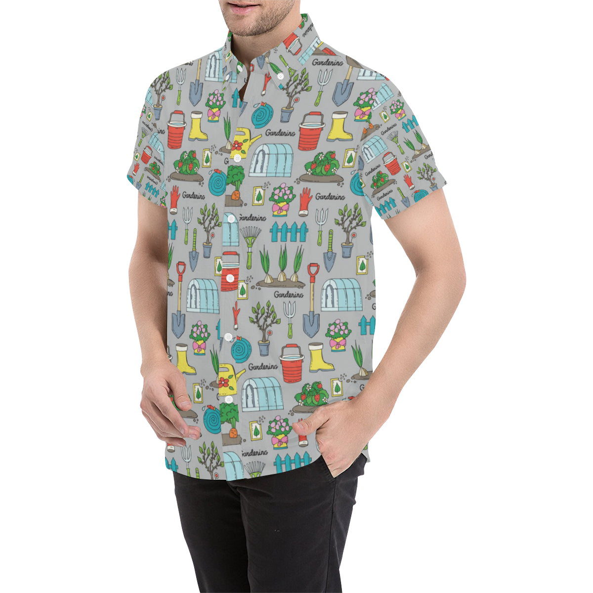 Gardening Pattern Print Design G07 Men's Short Sleeve Button Up Shirt