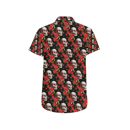 Red Rose Skull Design Print Men's Short Sleeve Button Up Shirt