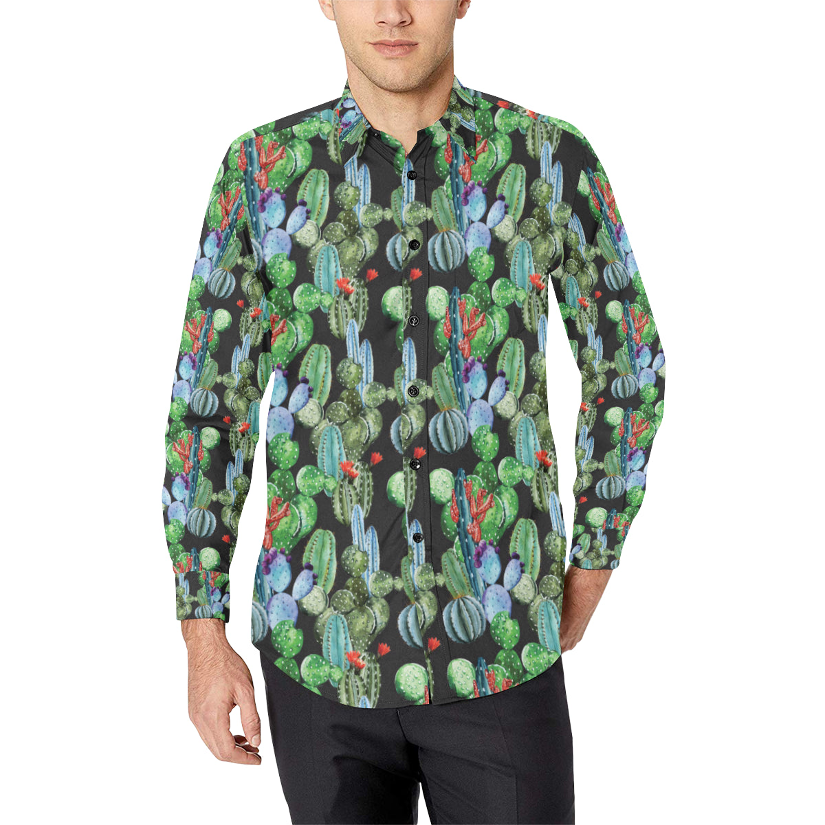 Cactus Watercolor Style Print Men's Long Sleeve Shirt