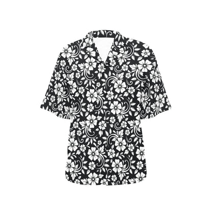 Floral Black White Themed Print Women's Hawaiian Shirt