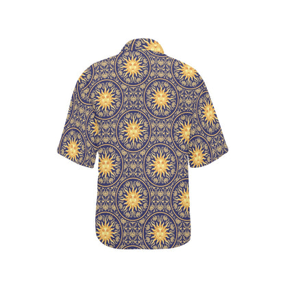 Celestial Gold Sun Face Women's Hawaiian Shirt
