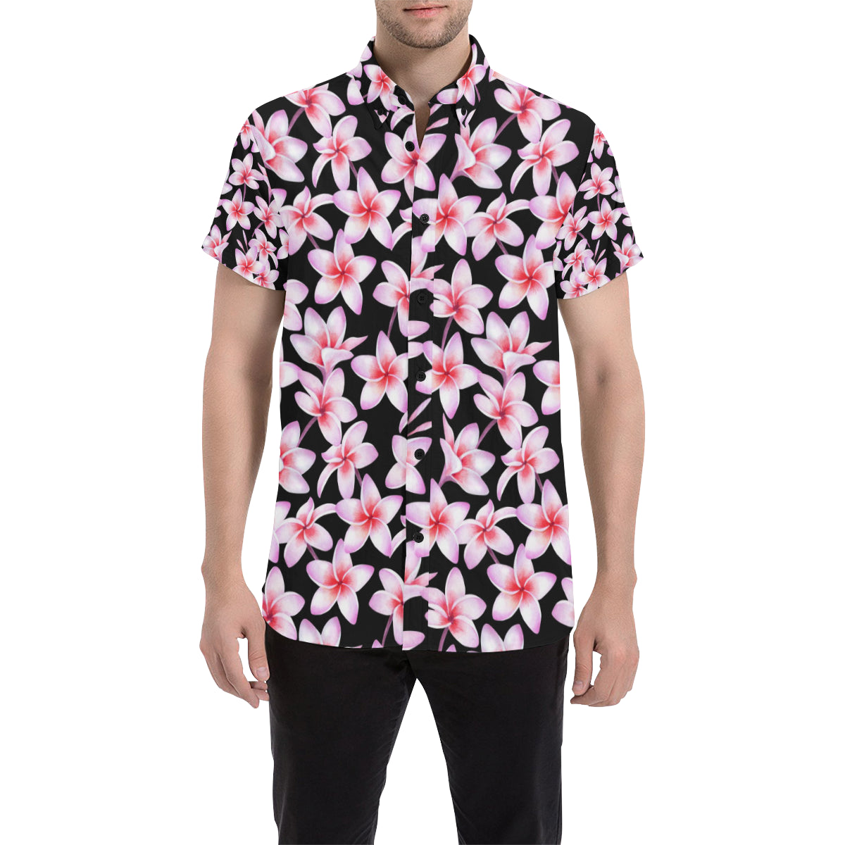 Pink Plumeria Pattern Print Design PM09 Men's Short Sleeve Button Up Shirt