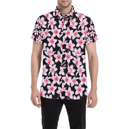 Pink Plumeria Pattern Print Design PM09 Men's Short Sleeve Button Up Shirt