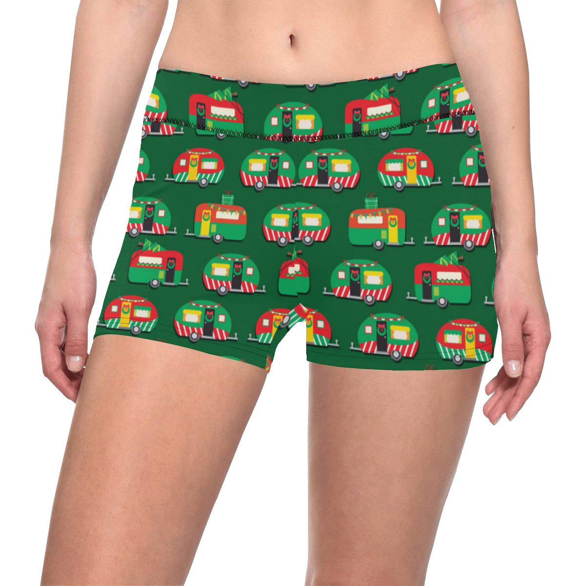 Camper Camping Christmas Themed Print Yoga Shorts