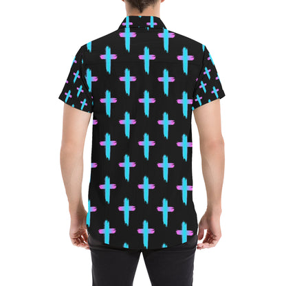 Christian Cross neon Pattern Men's Short Sleeve Button Up Shirt