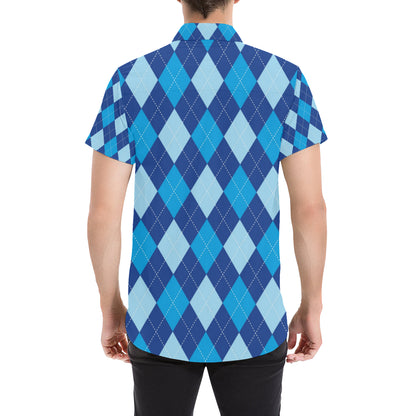 Argyle Blue Pattern Print Design 02 Men's Short Sleeve Button Up Shirt