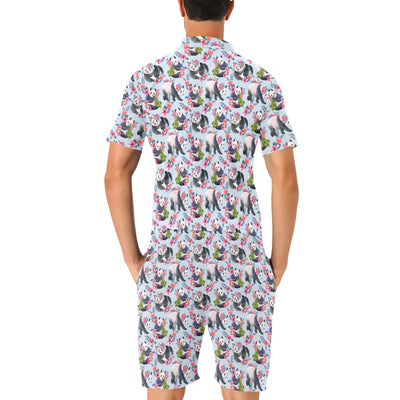 Panda Bear Flower Design Themed Print Men's Romper