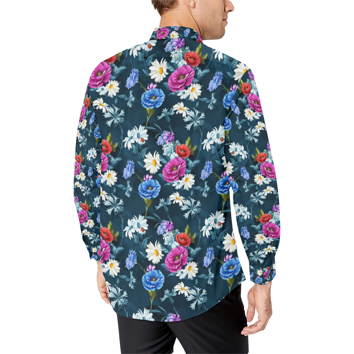 Floral Blue Themed Print Men's Long Sleeve Shirt