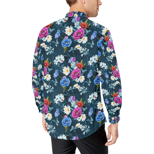 Floral Blue Themed Print Men's Long Sleeve Shirt