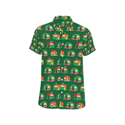 Camper Camping Christmas Themed Print Men's Short Sleeve Button Up Shirt