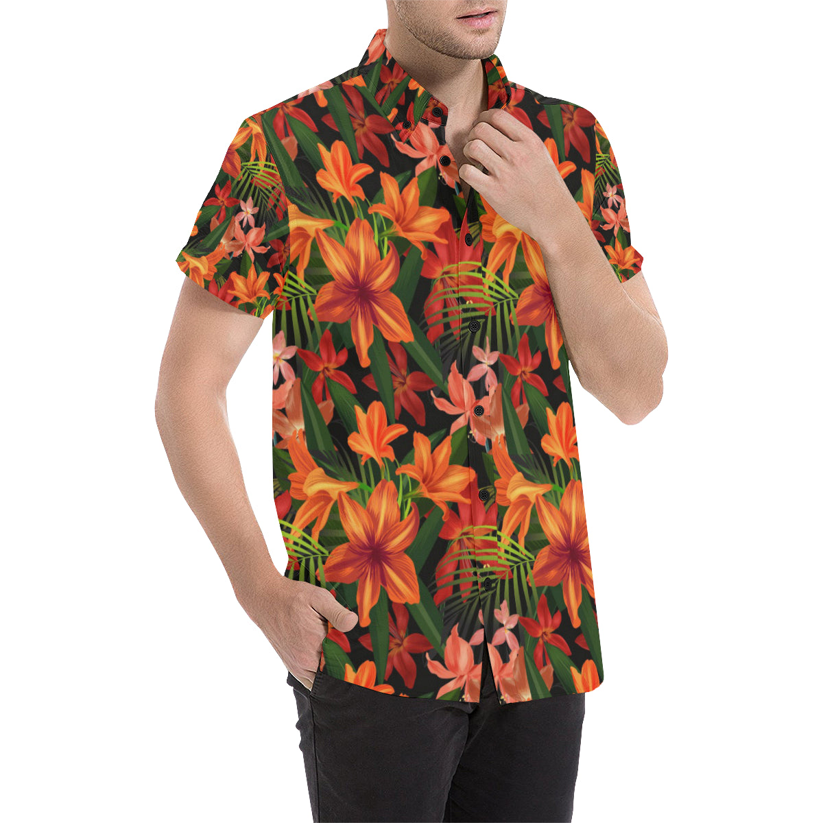 Amaryllis Pattern Print Design AL05 Men's Short Sleeve Button Up Shirt