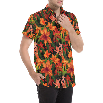 Amaryllis Pattern Print Design AL05 Men's Short Sleeve Button Up Shirt