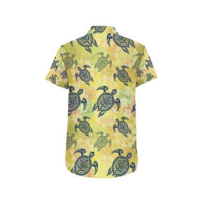 Hawaiian Turtle Tribal Design Print Men's Short Sleeve Button Up Shirt