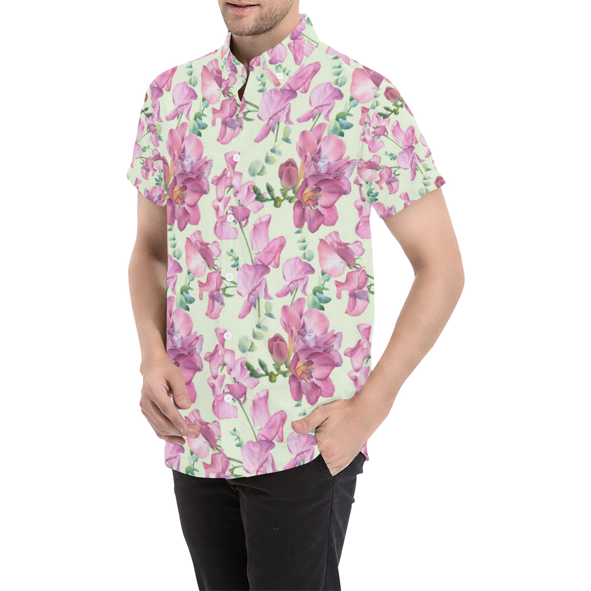 Peony Pattern Print Design PE011 Men's Short Sleeve Button Up Shirt