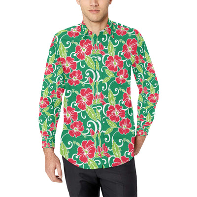 Red Hibiscus Pattern Print Design HB019 Men's Long Sleeve Shirt