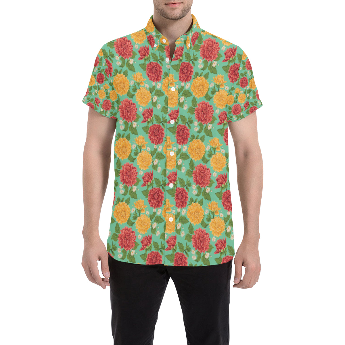 Dahlia Pattern Print Design DH011 Men's Short Sleeve Button Up Shirt