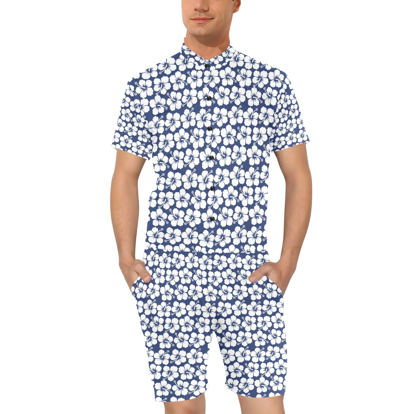 Hibiscus Blue Hawaiian Flower Pattern Men's Romper